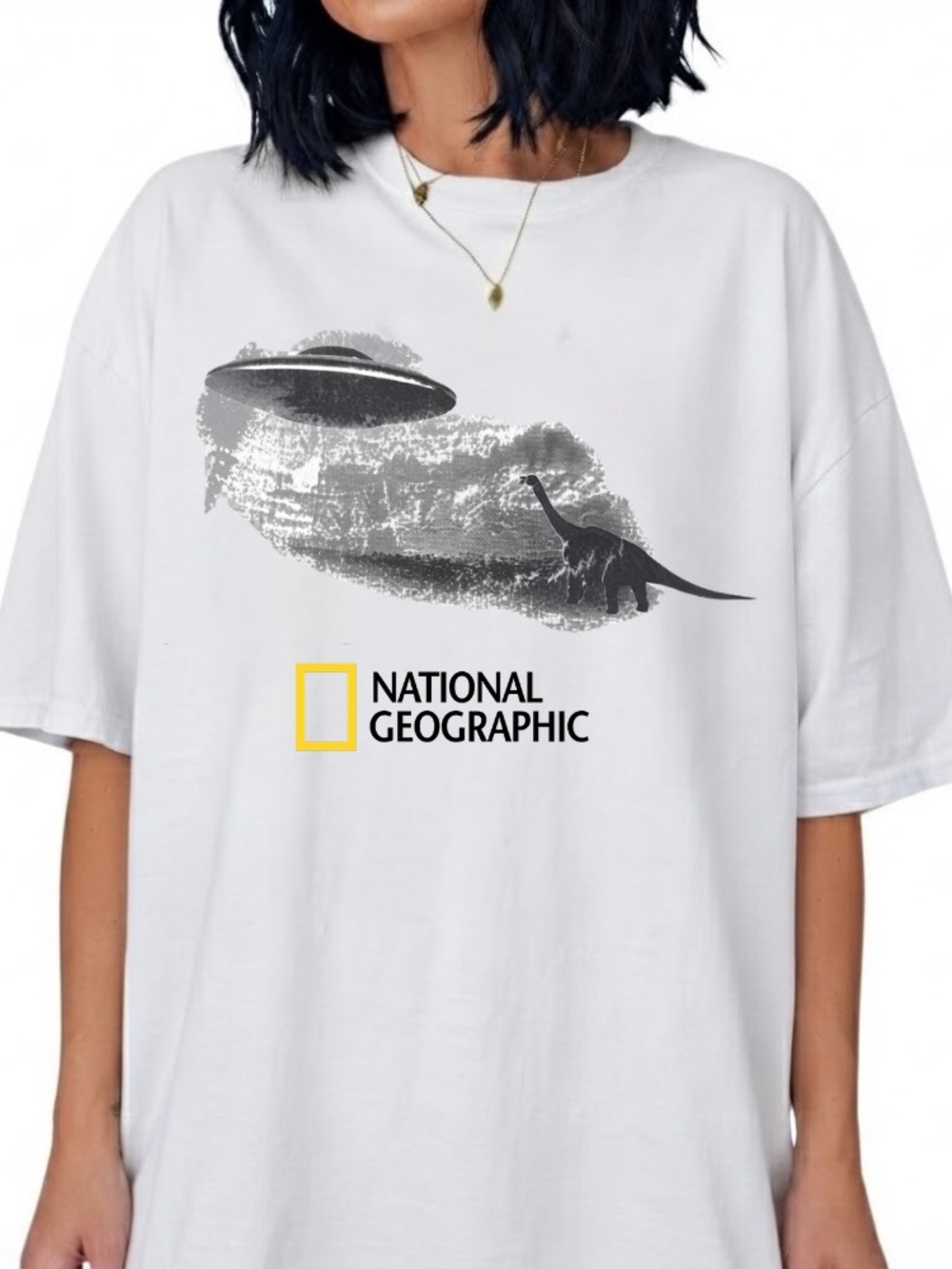 National Geographic UFO Dinosaur Vintage White T-Shirt